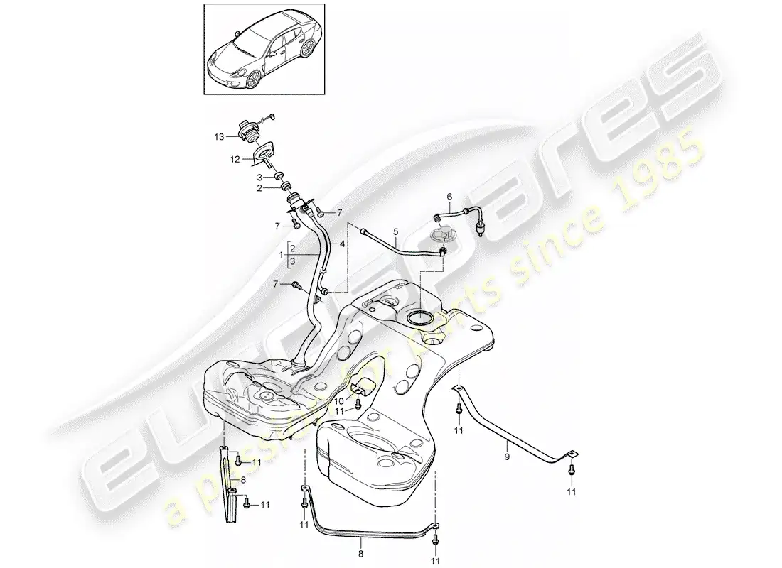 porsche 2011 (panamera 970) fuel tank with parts diagram