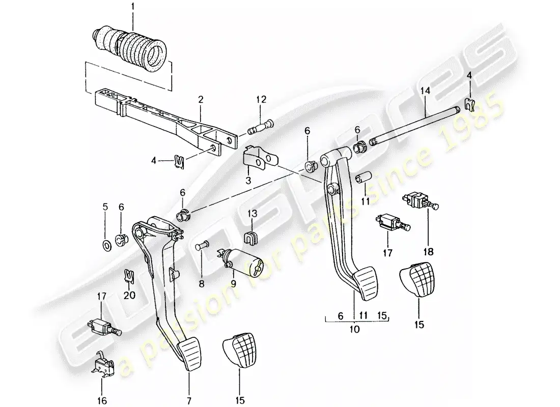 porsche 2002 (986 boxster) brake and acc. pedal assembly parts diagram