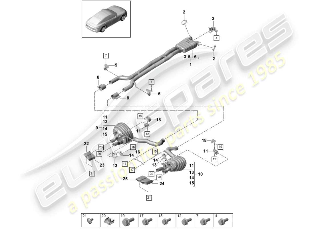 porsche 2021 (panamera 971-1) exhaust system front silencer rear silencer tailpipe part diagram