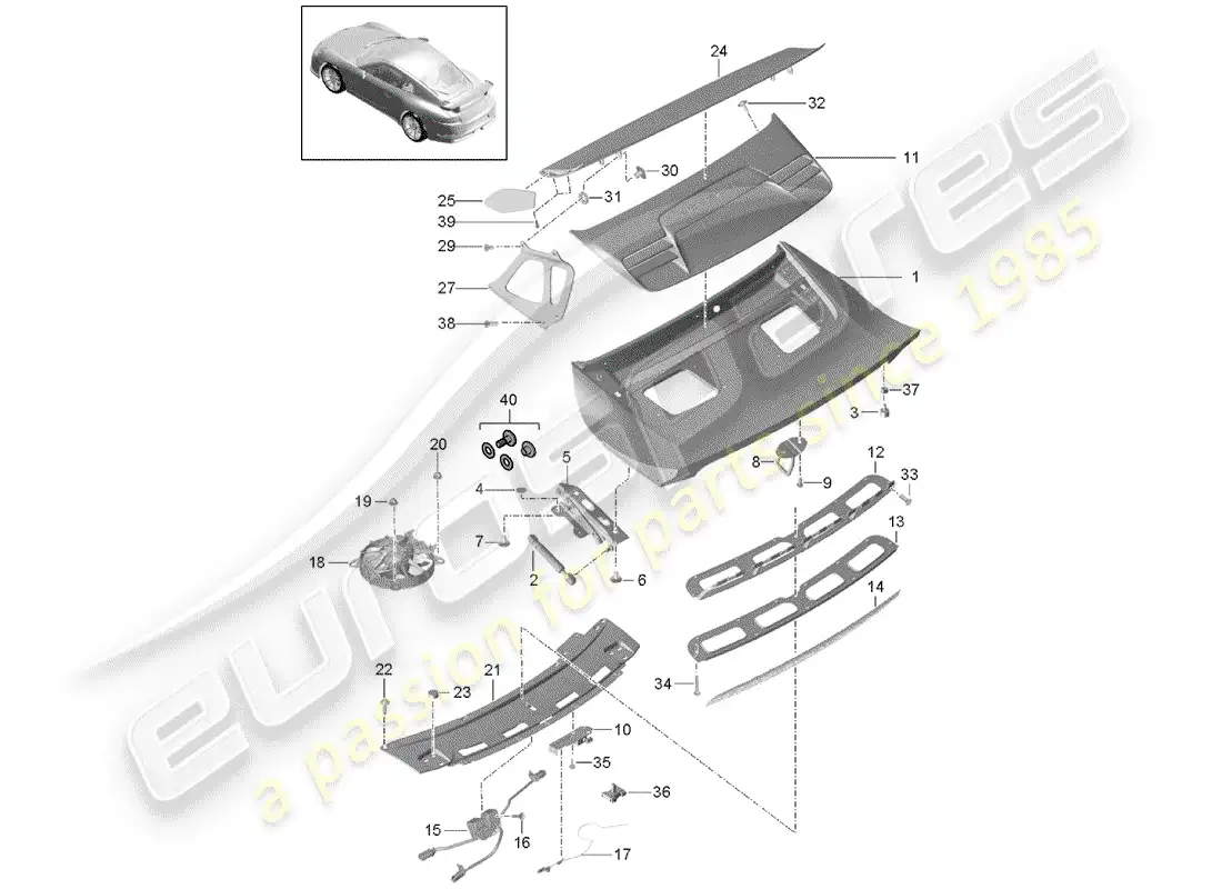 porsche 2016 (991-1 r/gt3/rs) rear spoiler parts diagram