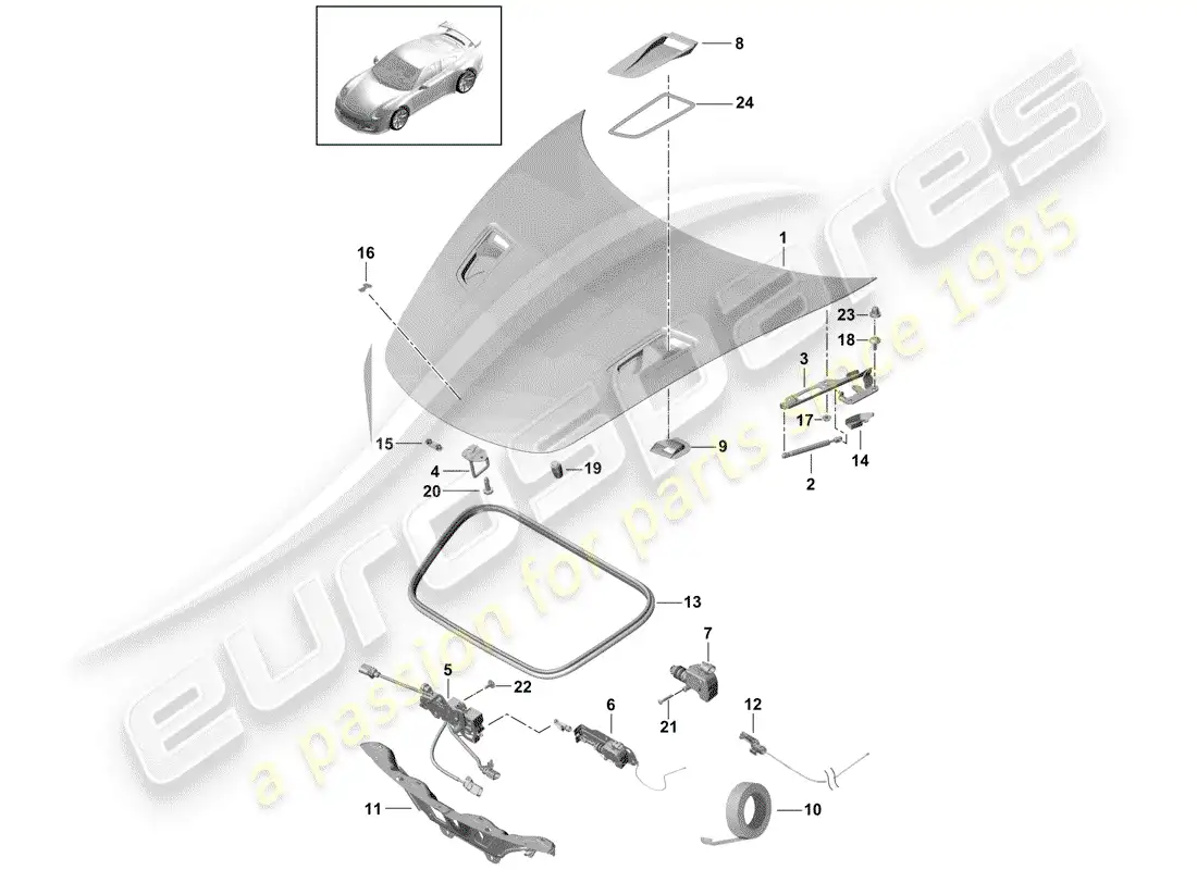porsche 2016 (991-1 r/gt3/rs) hood parts diagram
