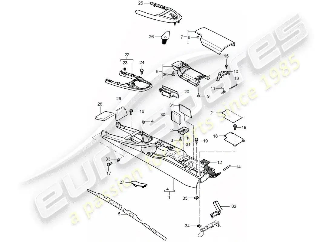 porsche 2005 (987 boxster) center console parts diagram
