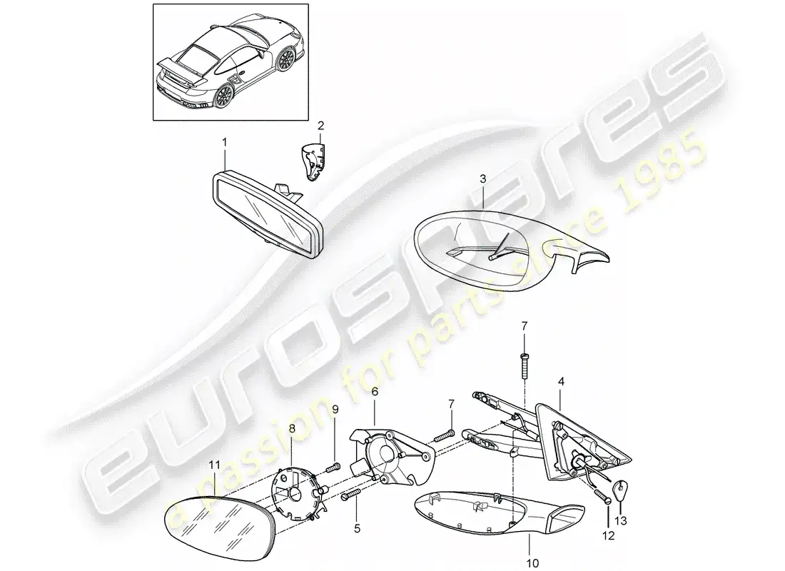 porsche 2011 (997-2 gt3) rear view mirror inner parts diagram