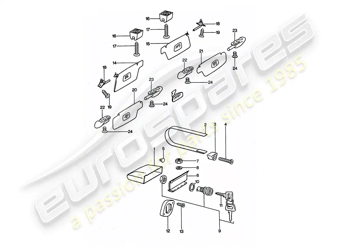 porsche 1975 (911 turbo) glove box - sun vizor parts diagram