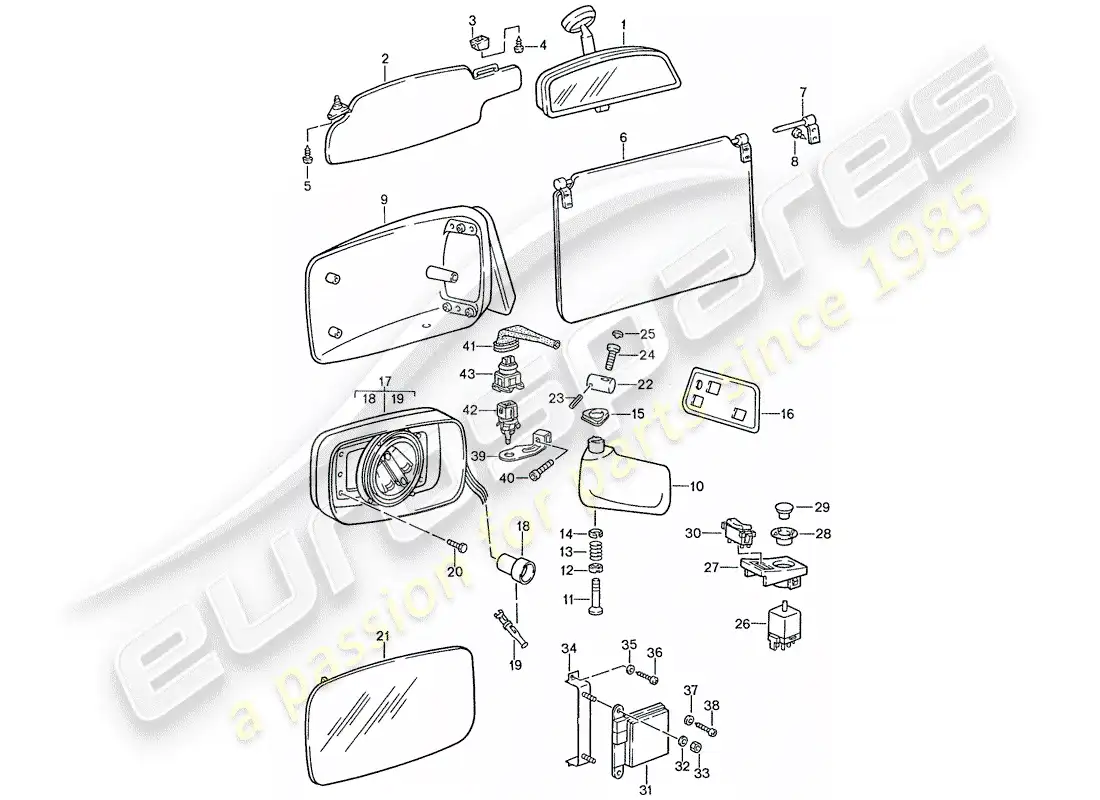 porsche 1990 (928) sun vizor - rear view mirror inner - rear view mirror parts diagram