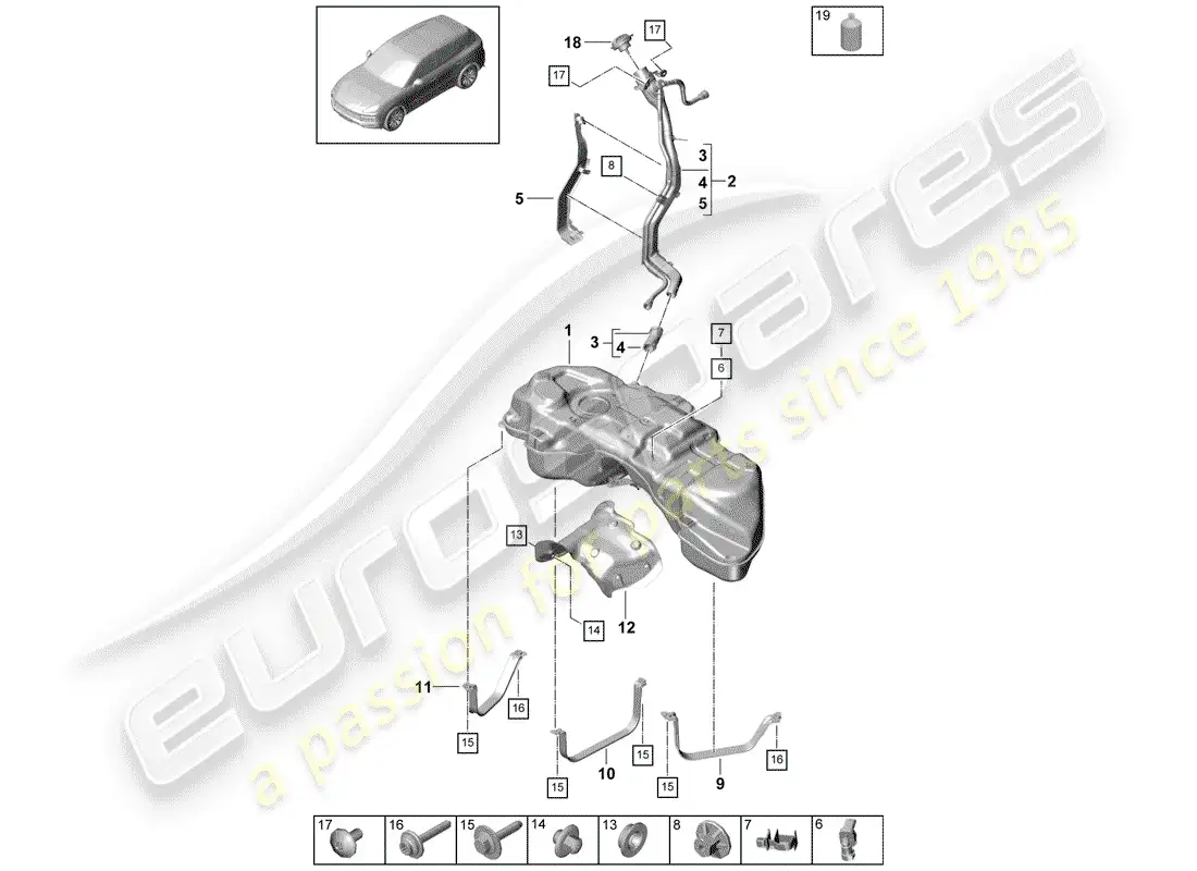 porsche 2019 (cayenne e3 9ya/9yb) fuel tank with parts diagram