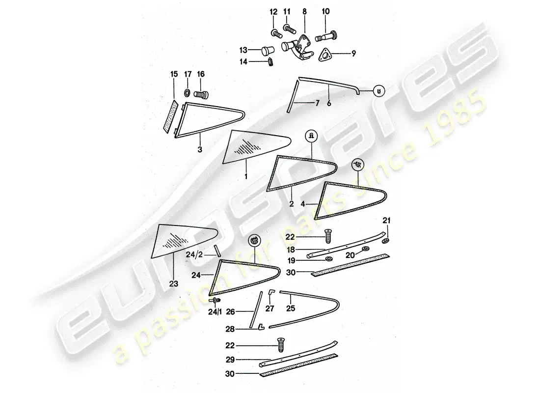 porsche 1975 (911 turbo) window glazing parts diagram