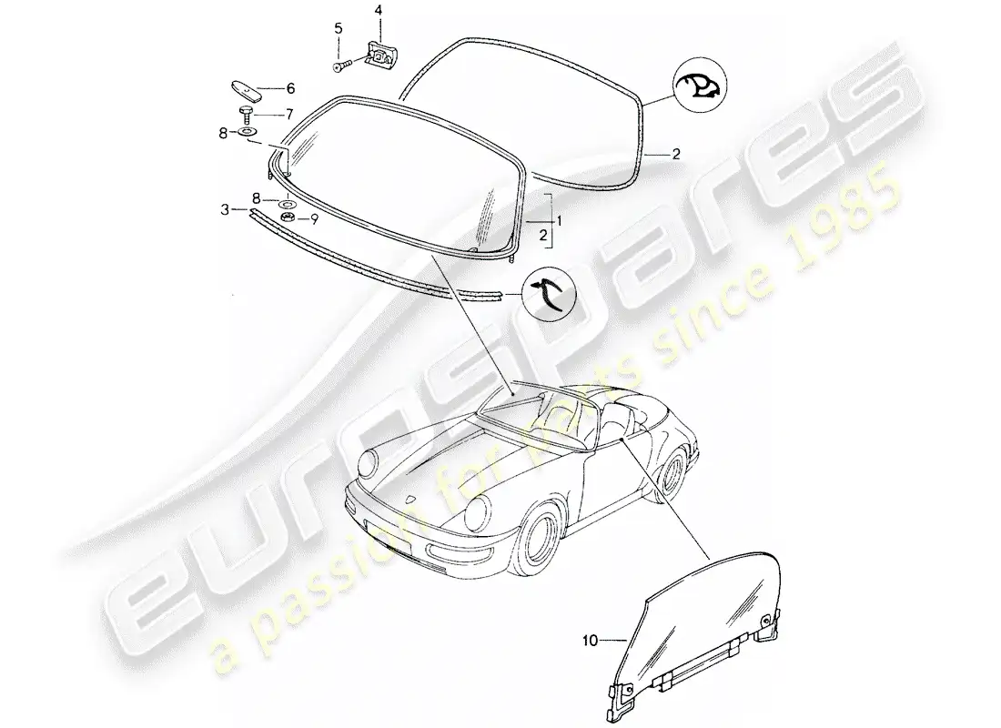 porsche 1991 (964) window glazing parts diagram