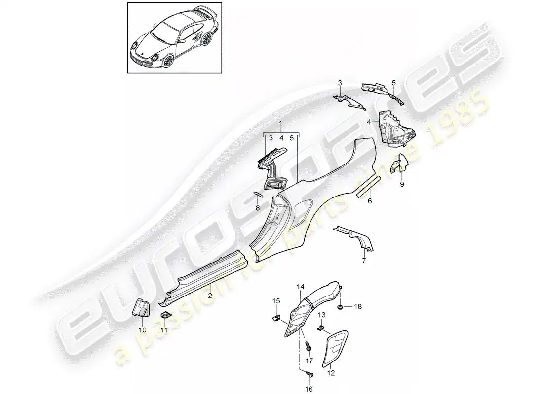 porsche 2012 (997-2 turbo / gt2 rs) side panel parts diagram