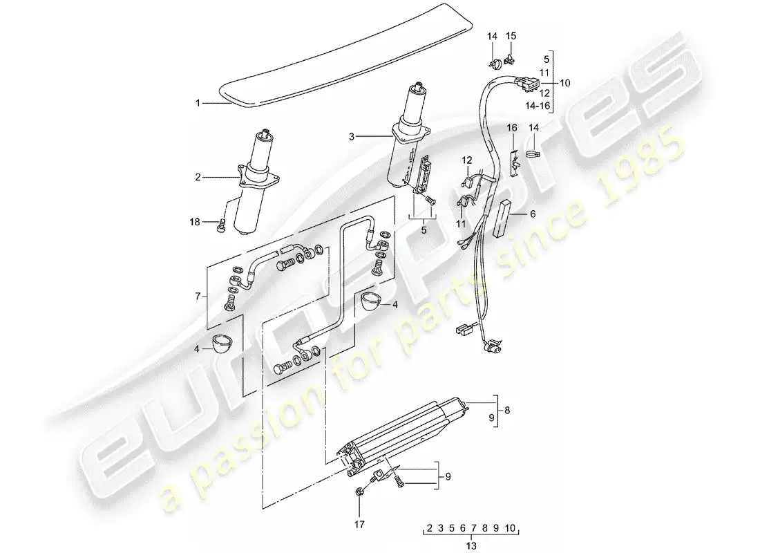 porsche 2001 (996 turbo / gt2) rear spoiler parts diagram