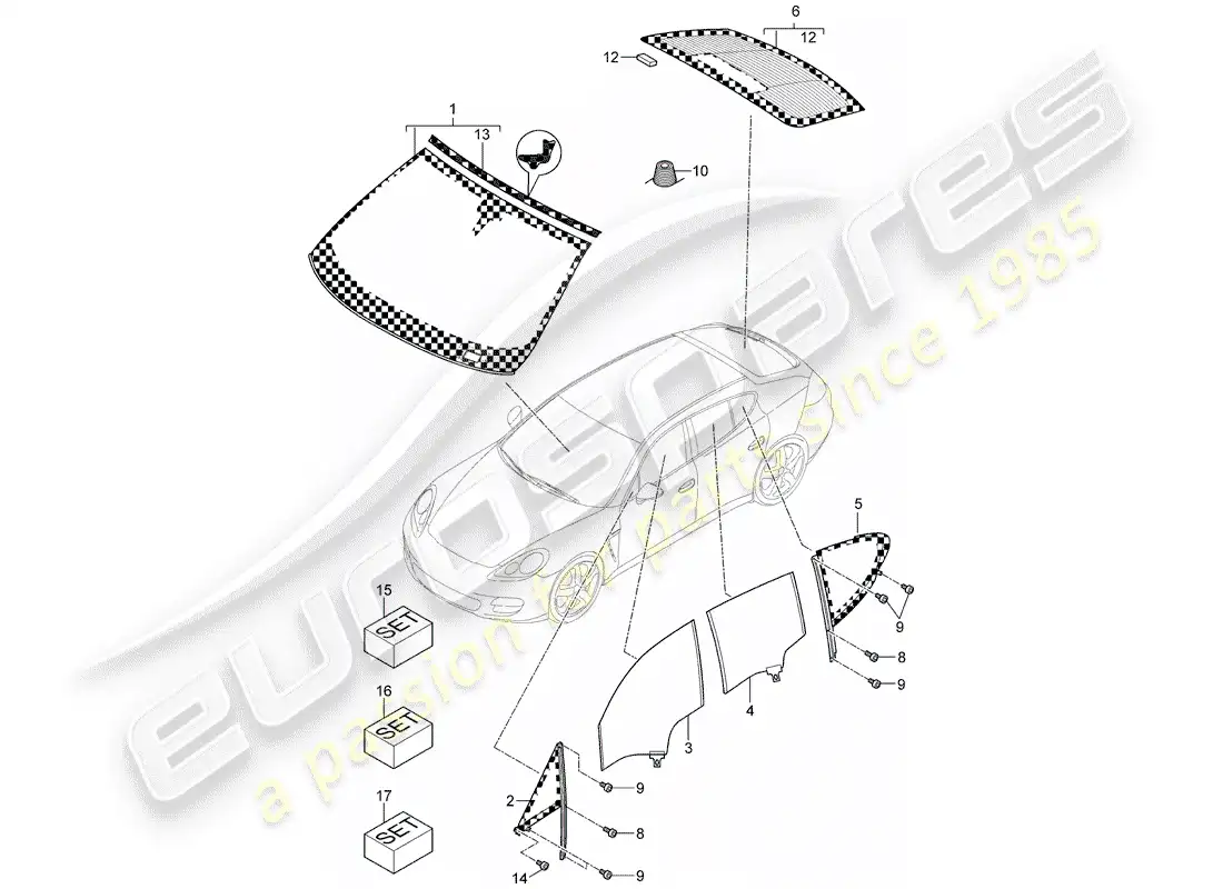 porsche 2014 (panamera 970) window glazing parts diagram