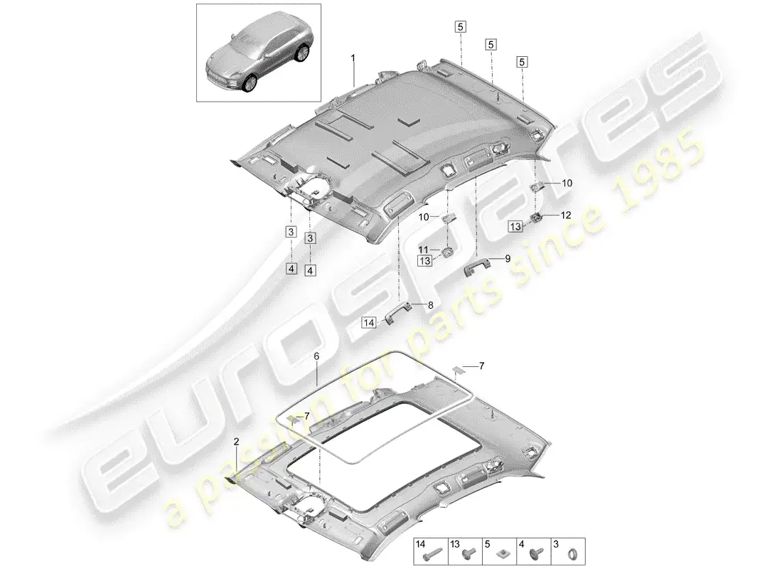porsche 2020 (macan) roof trim panel parts diagram