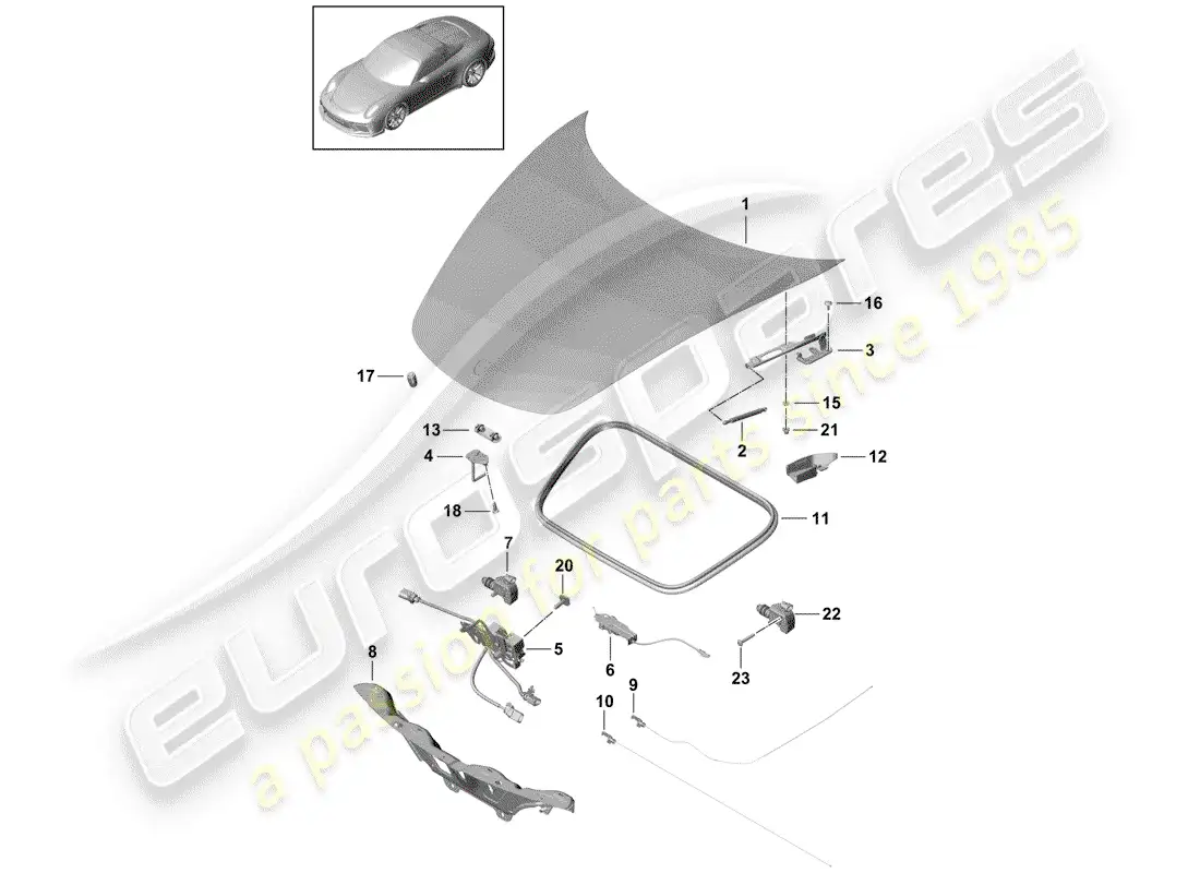 porsche 2018 (991-2 r/gt3/rs) hood parts diagram