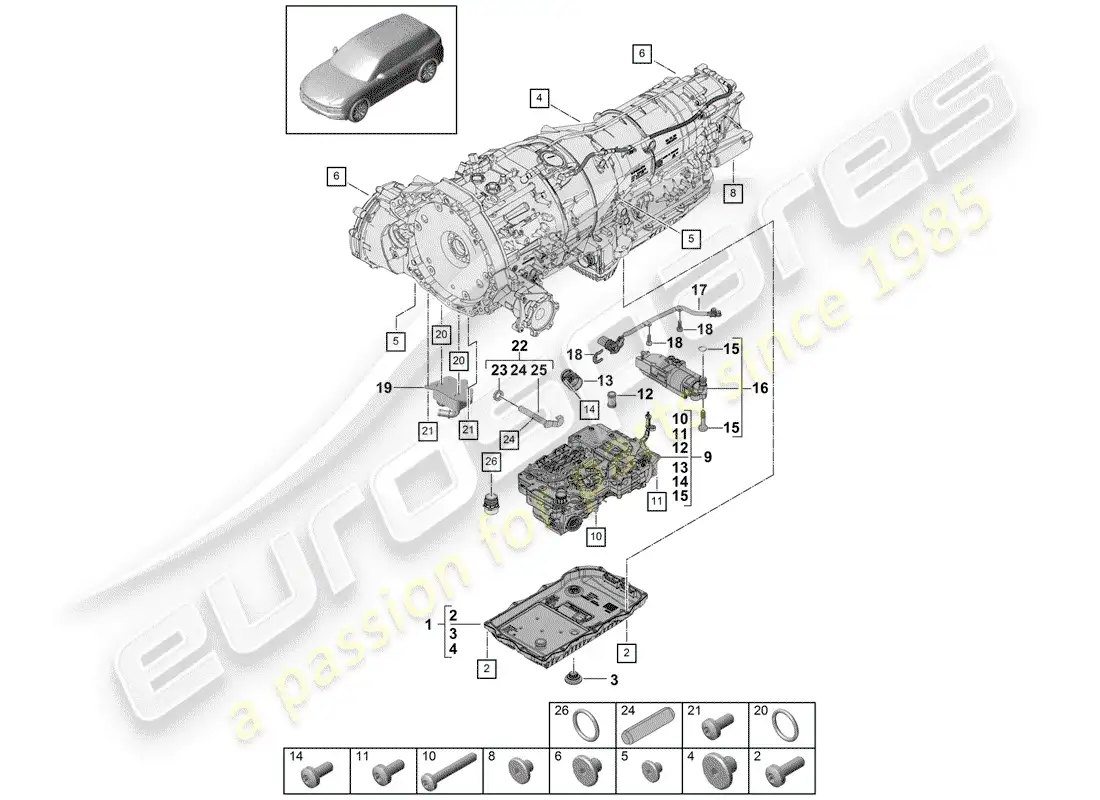 porsche 2020 (cayenne e3 9ya/9yb) 8-speed automatic gearbox part diagram