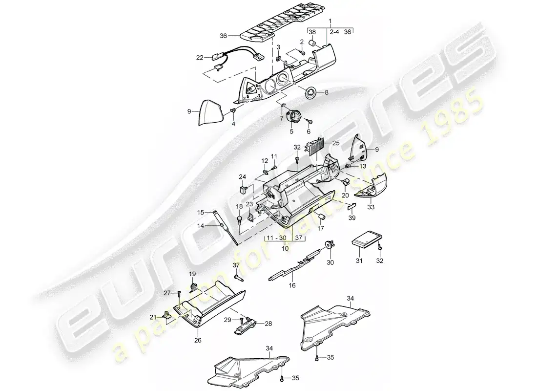 porsche 2010 (997-2) glove box parts diagram