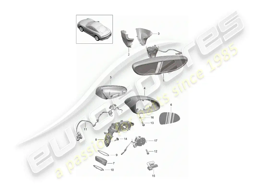 porsche 2016 (981 cayman) rear view mirror inner parts diagram