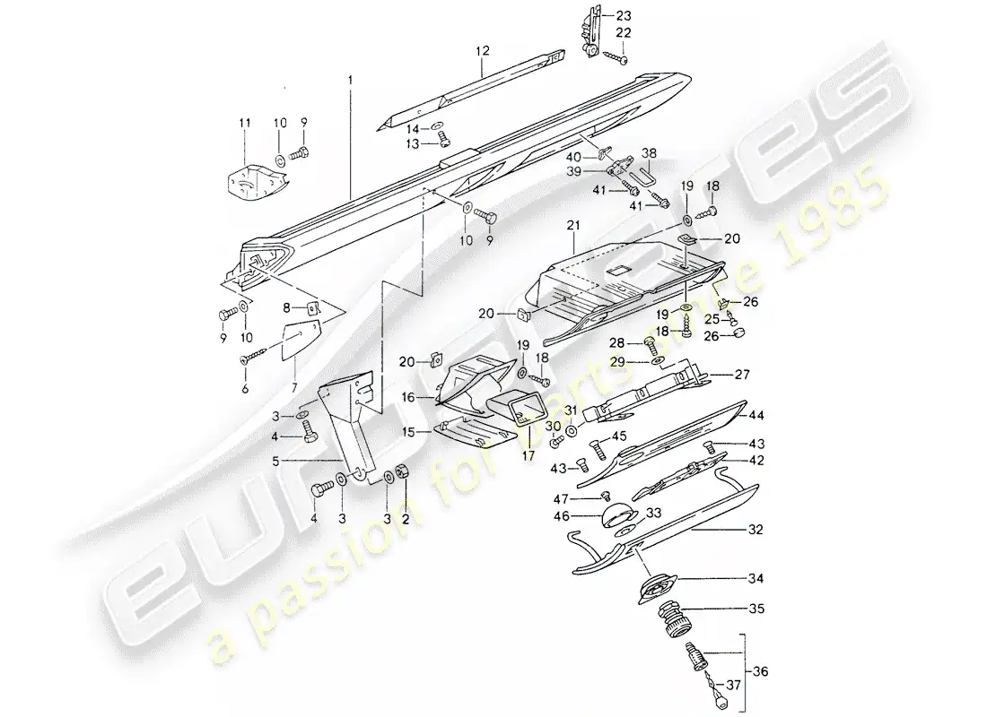 porsche 1992 (964) knee pad trim - airbag - for vehicles with - glove box lid - catch parts diagram