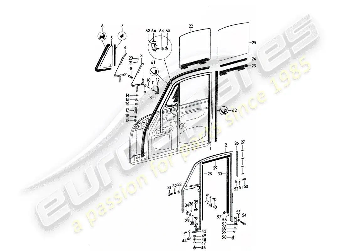 porsche 1963 (356b/356c) window frame - side window - door window parts diagram