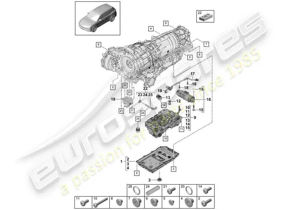 porsche 2019 (cayenne e3 9ya/9yb) 8-speed automatic gearbox parts diagram