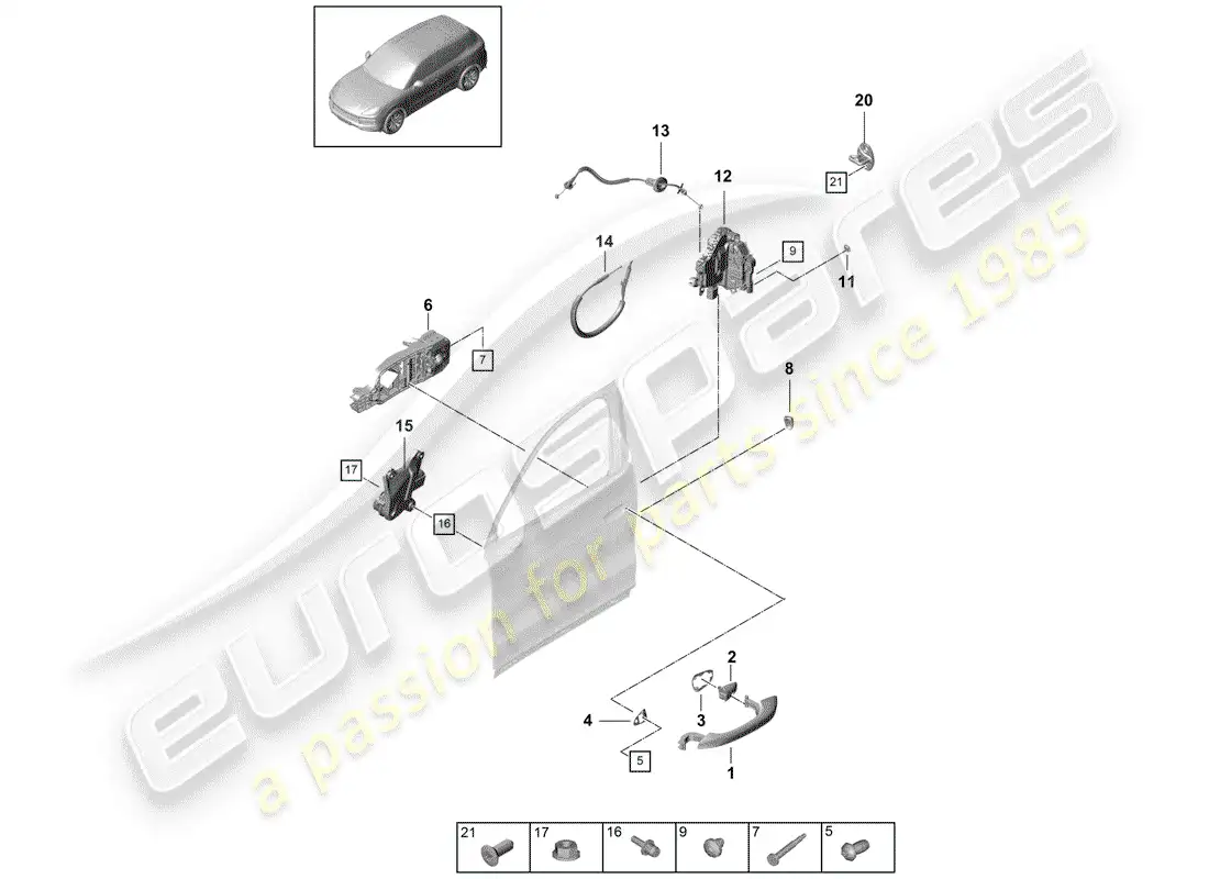porsche 2018 (cayenne e3 9ya/9yb) door handle, outer parts diagram