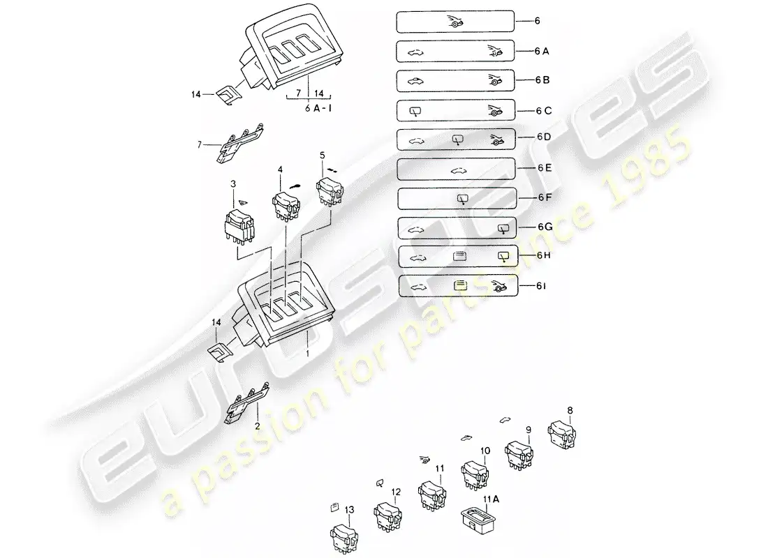 porsche 1997 (993) trim - switch - center console parts diagram