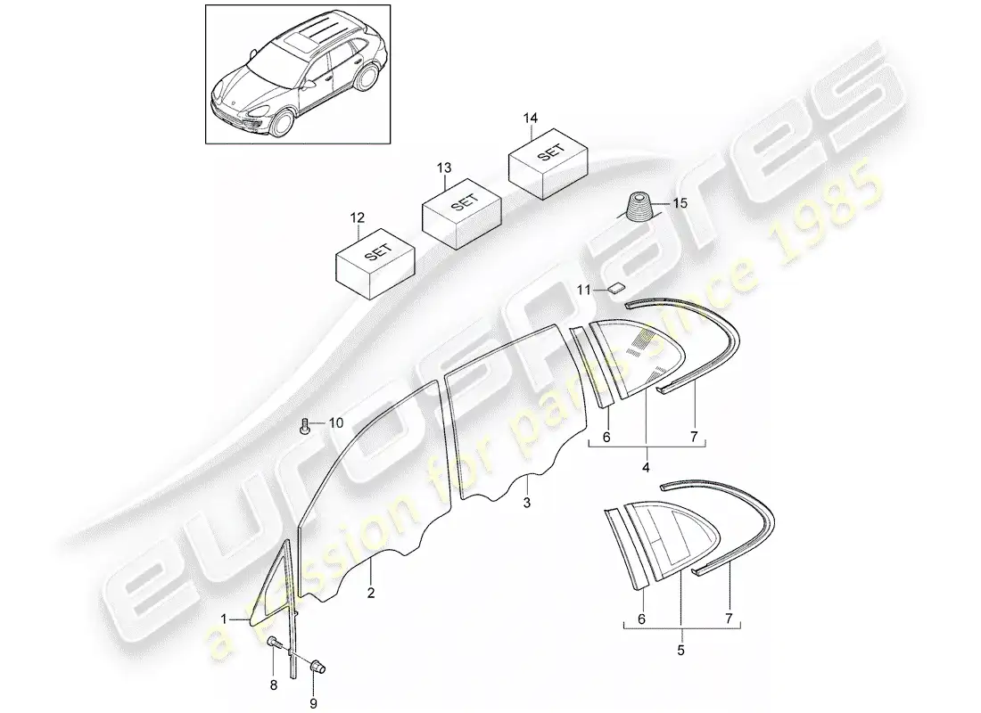 porsche 2014 (cayenne e2 92a) window glasses part diagram
