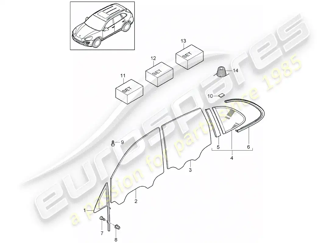 porsche 2014 (cayenne e2 92a) window glasses part diagram