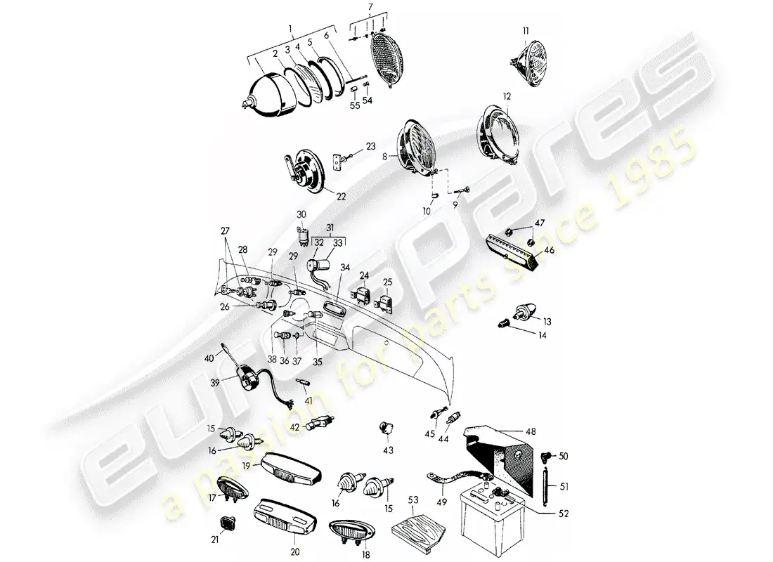 porsche 1952 (356/356a) headlamp - lights - and - switch - battery parts diagram