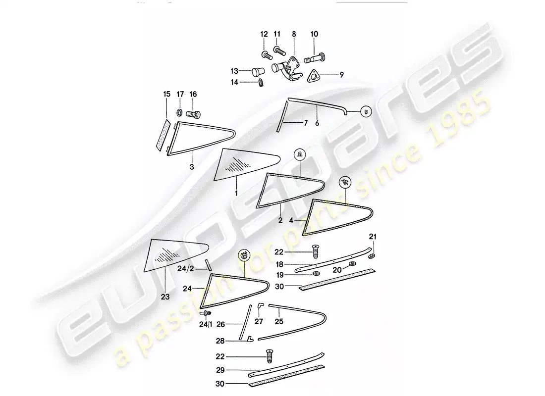 porsche 1974 (911) window glazing parts diagram