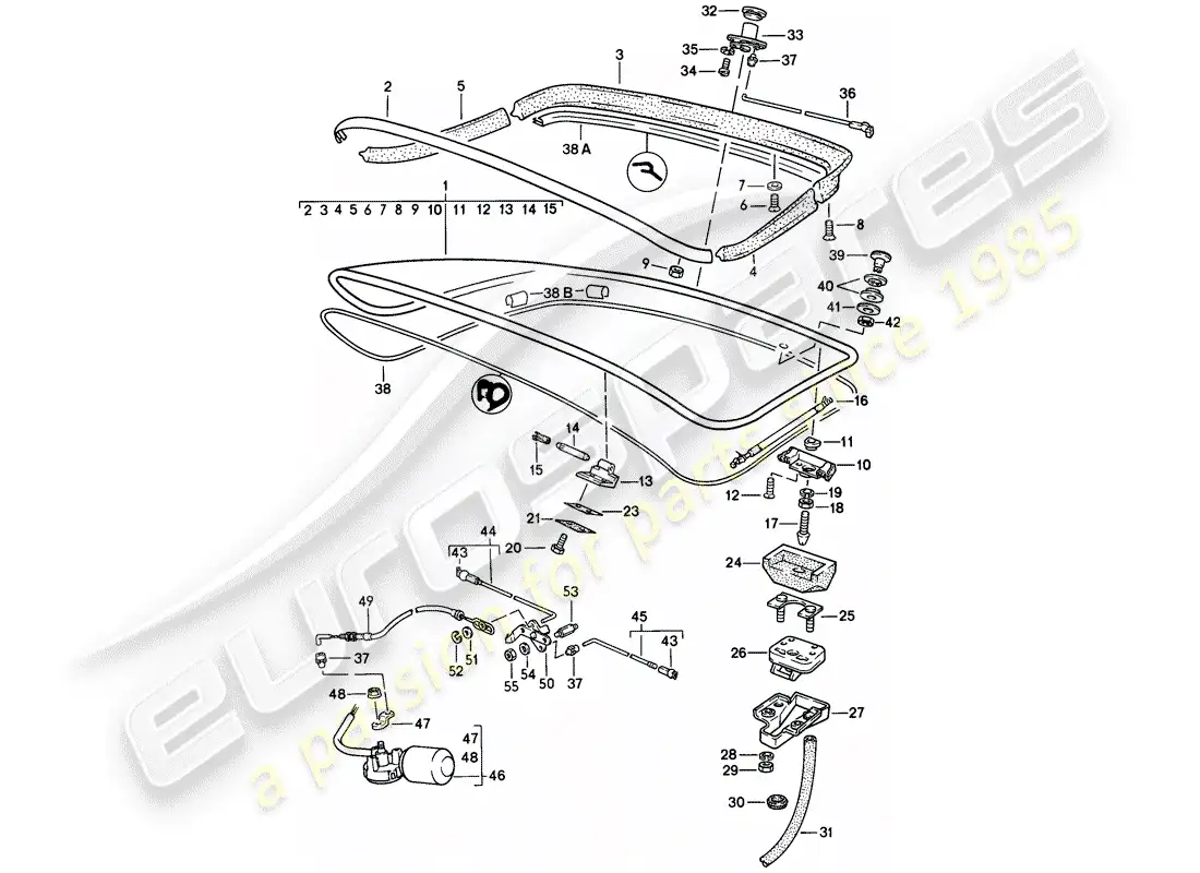 porsche 1983 (944) rear trunk lid - with: - rear window glass - rear spoiler parts diagram