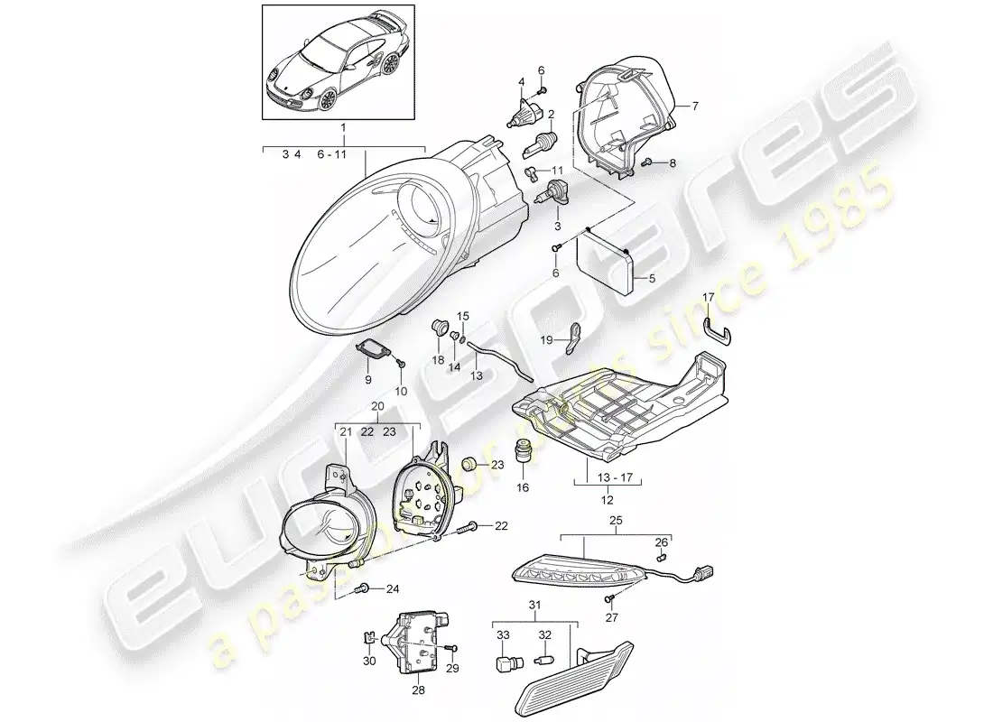 porsche 2011 (997-2 turbo / gt2 rs) headlamp parts diagram