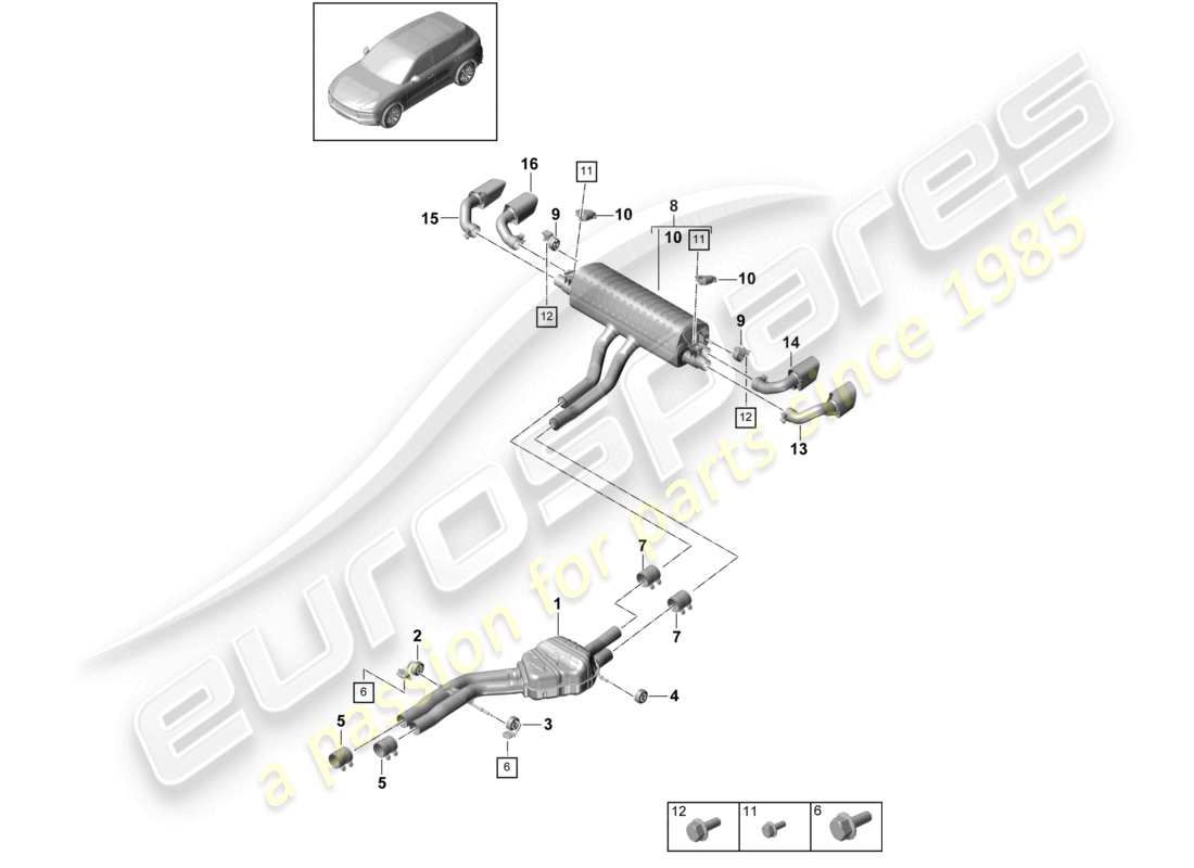 porsche 2024 (cayenne e3 9ya/9yb) exhaust system front silencer rear silencer tailpipe part diagram