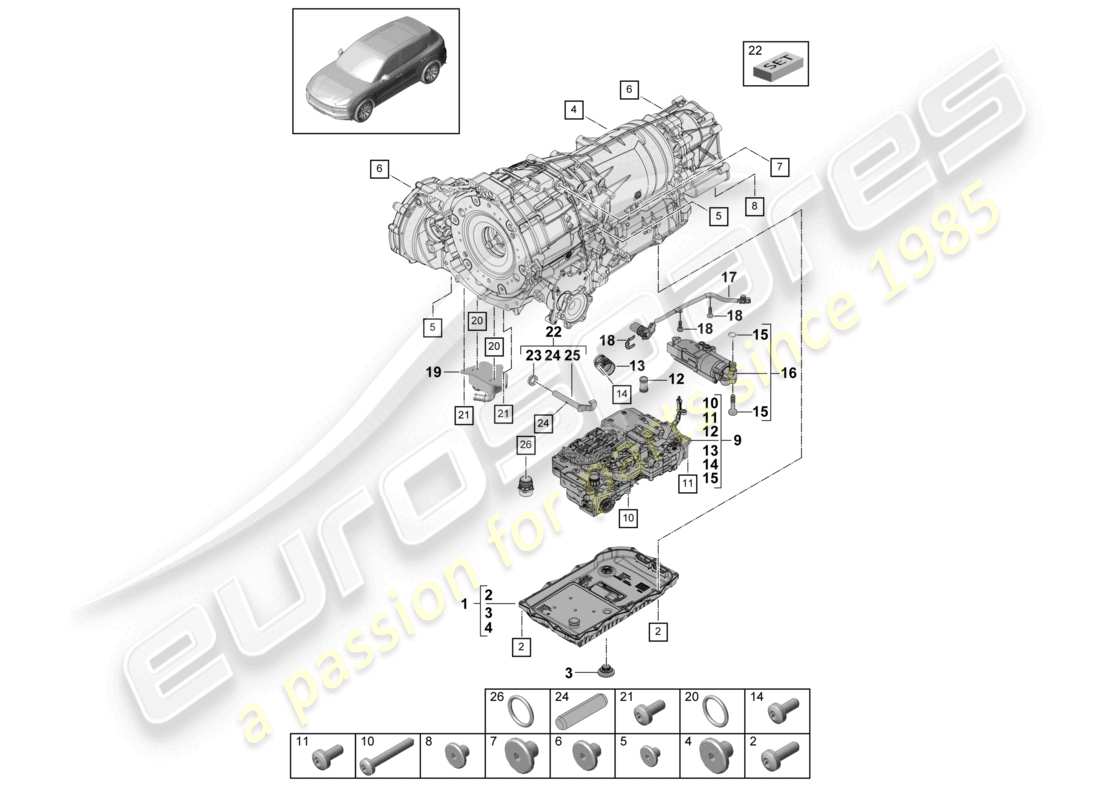 porsche 2022 (cayenne e3 9ya/9yb) 8-speed automatic gearbox for four-wheel drive mechatronic with software oil pump gear oil cooler transmission oil sump part diagram
