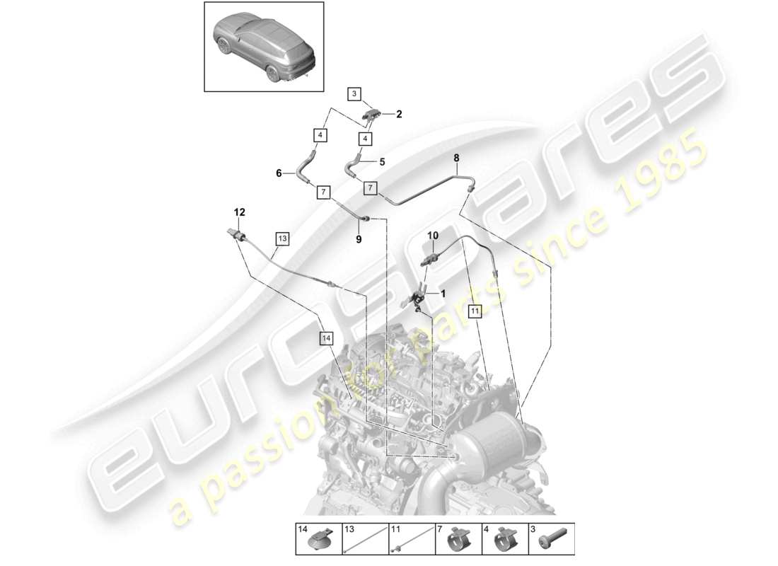porsche 2022 (cayenne e3 9ya/9yb) control line with pressure difference sender exhaust gas temperature sender part diagram