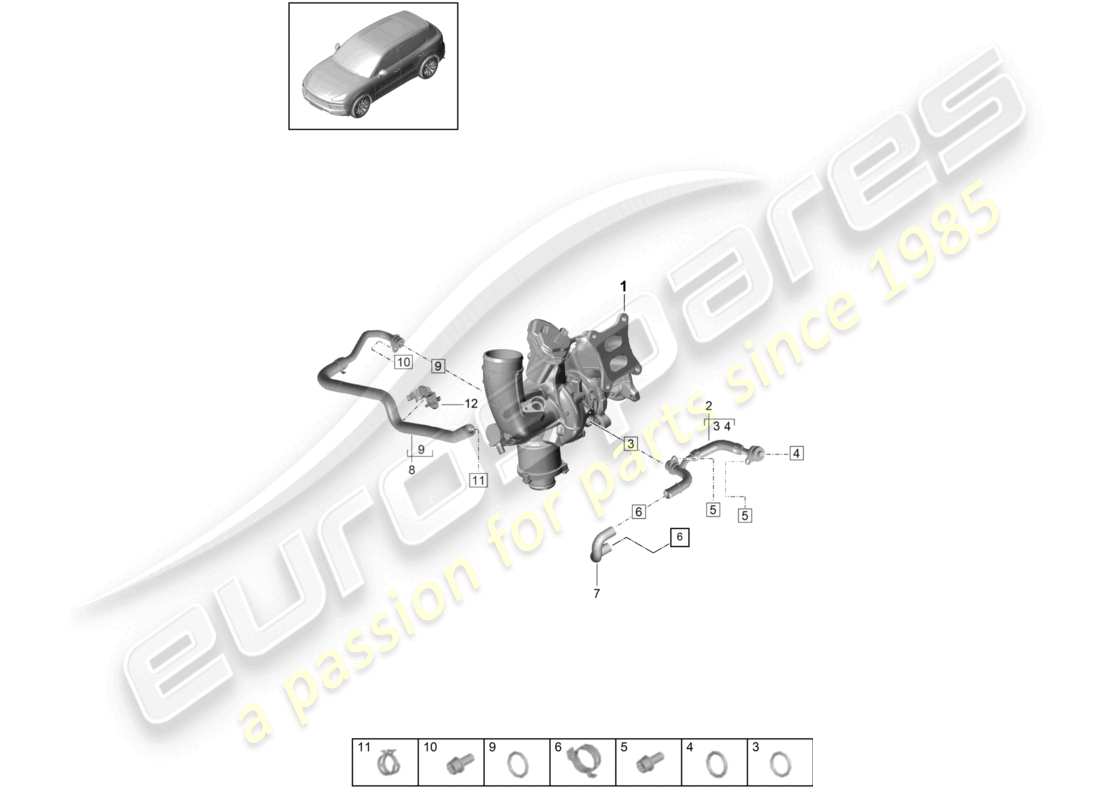 porsche 2022 (cayenne e3 9ya/9yb) coolant cooling system for turbocharger part diagram