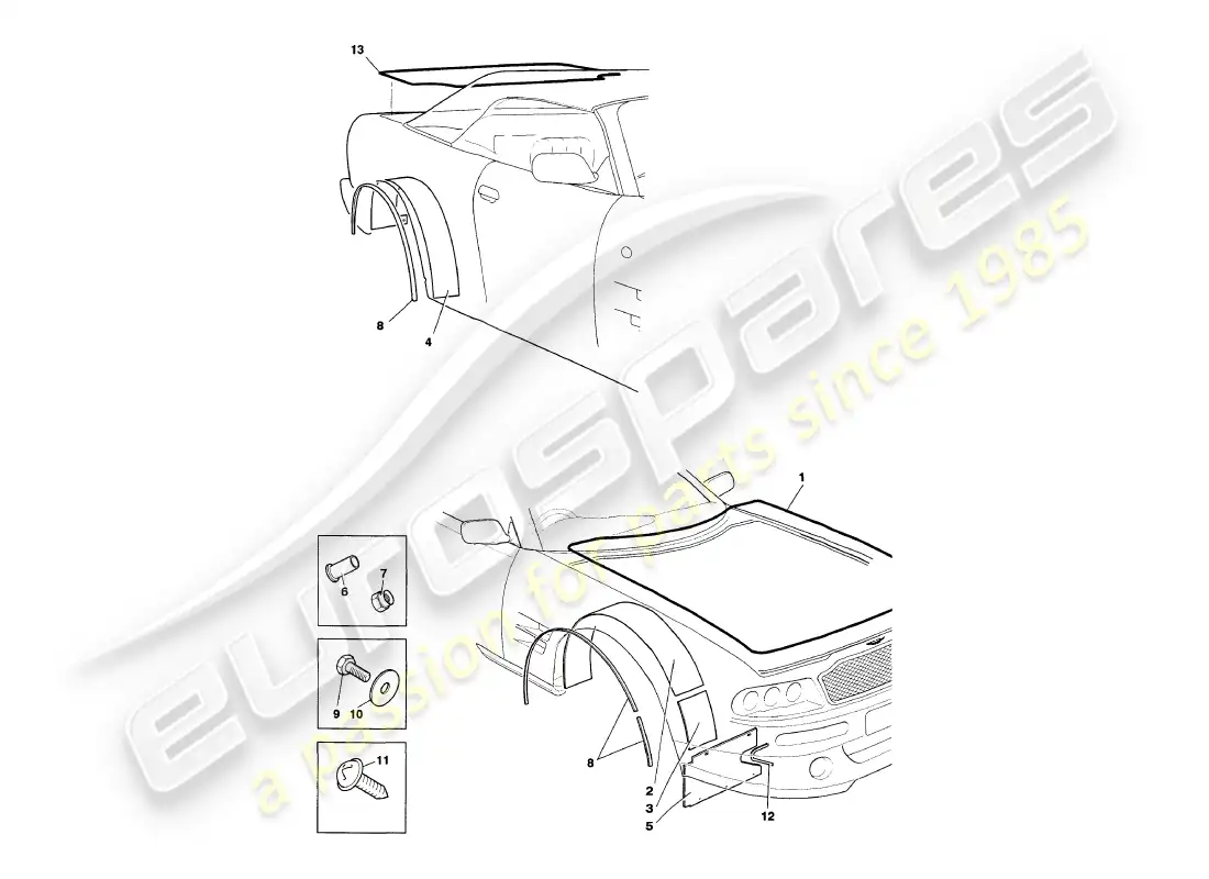 aston martin v8 volante (1997) weather seals parts diagram