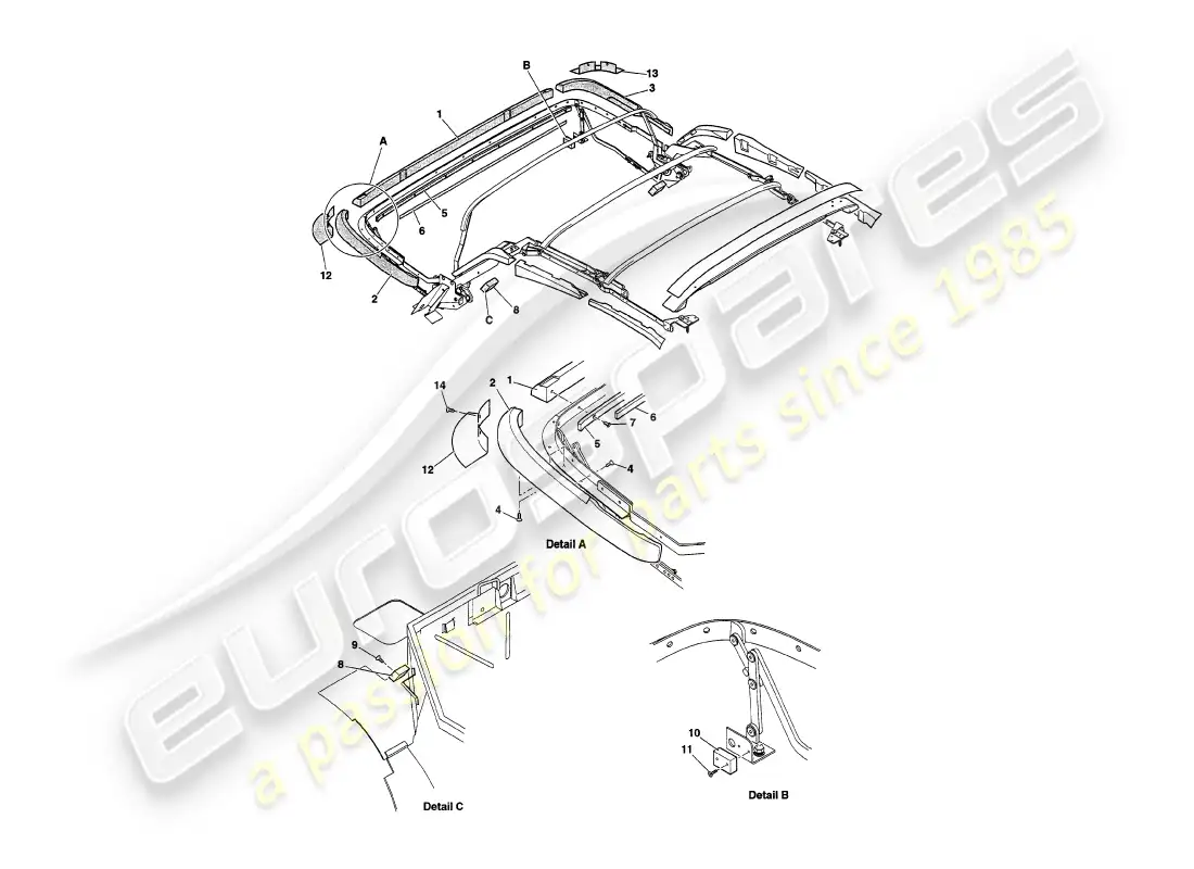 aston martin v8 volante (1997) hood frame woods parts diagram