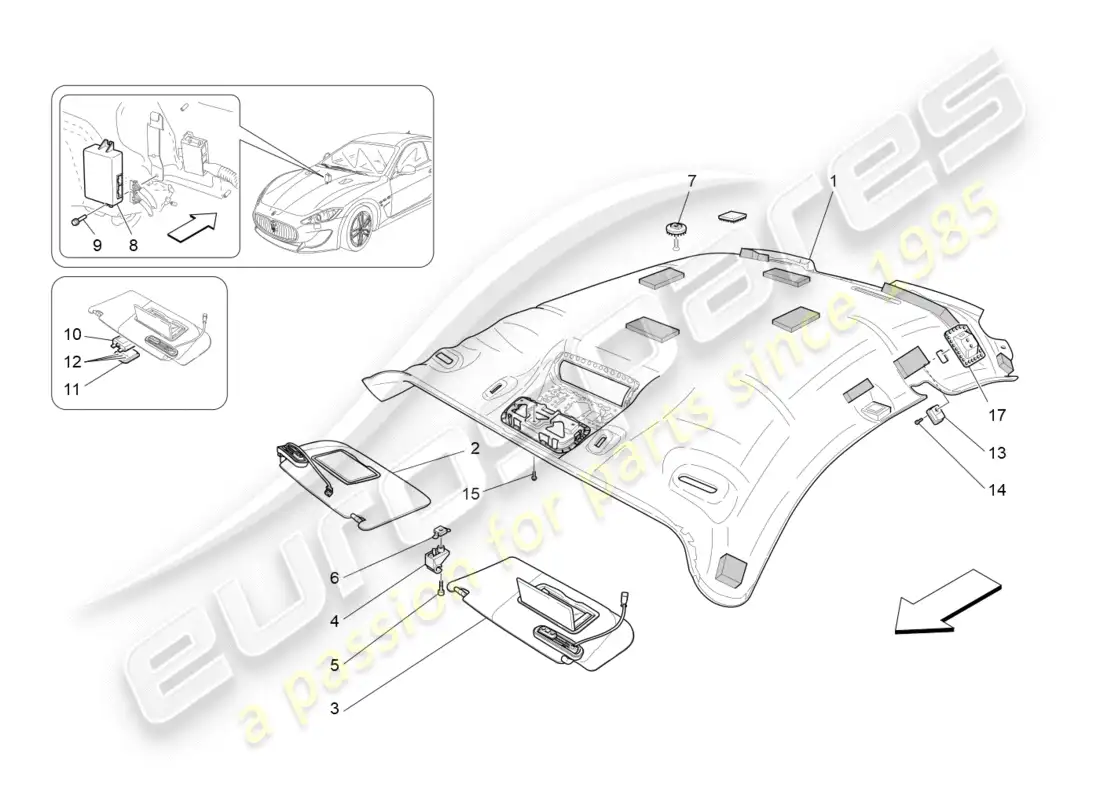 maserati granturismo (2015) roof and sun visors parts diagram