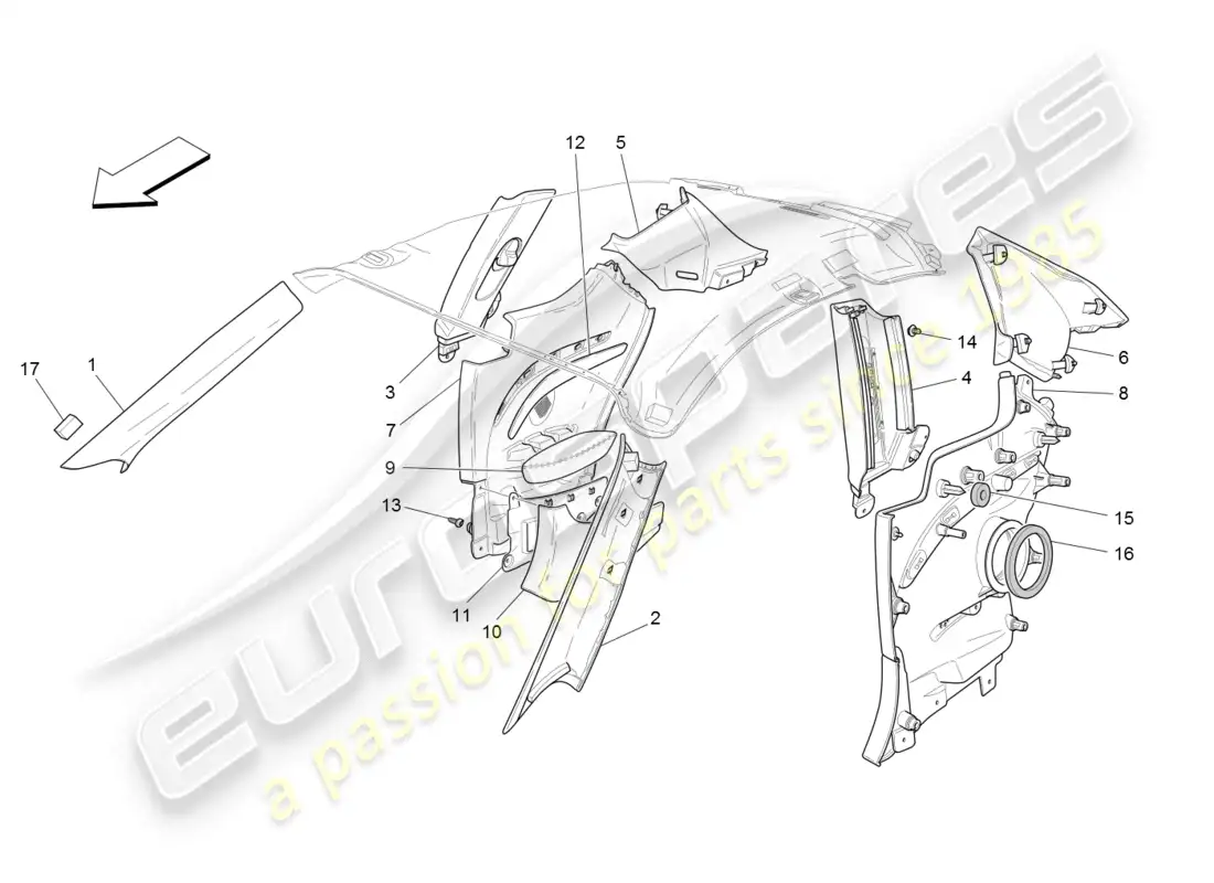 maserati granturismo (2008) passenger compartment b pillar trim panels and side panels parts diagram