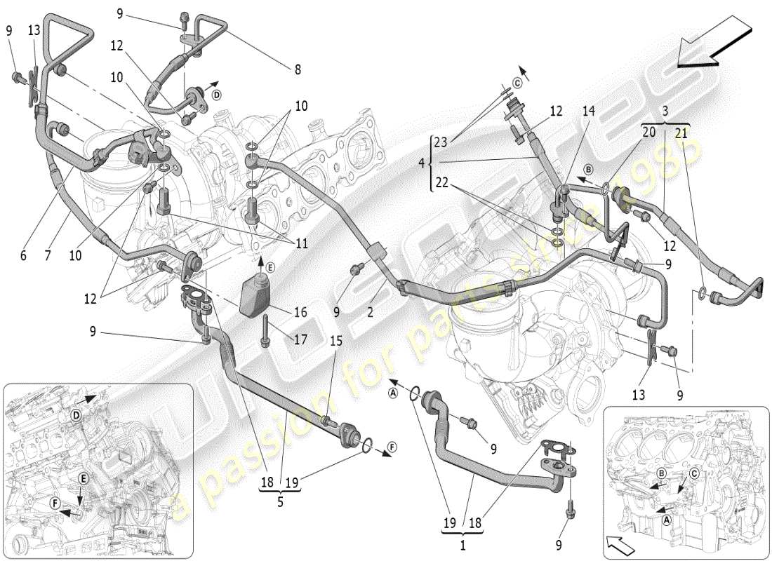 maserati mc20 (2024) turbocharging system: lubrication and cooling parts diagram