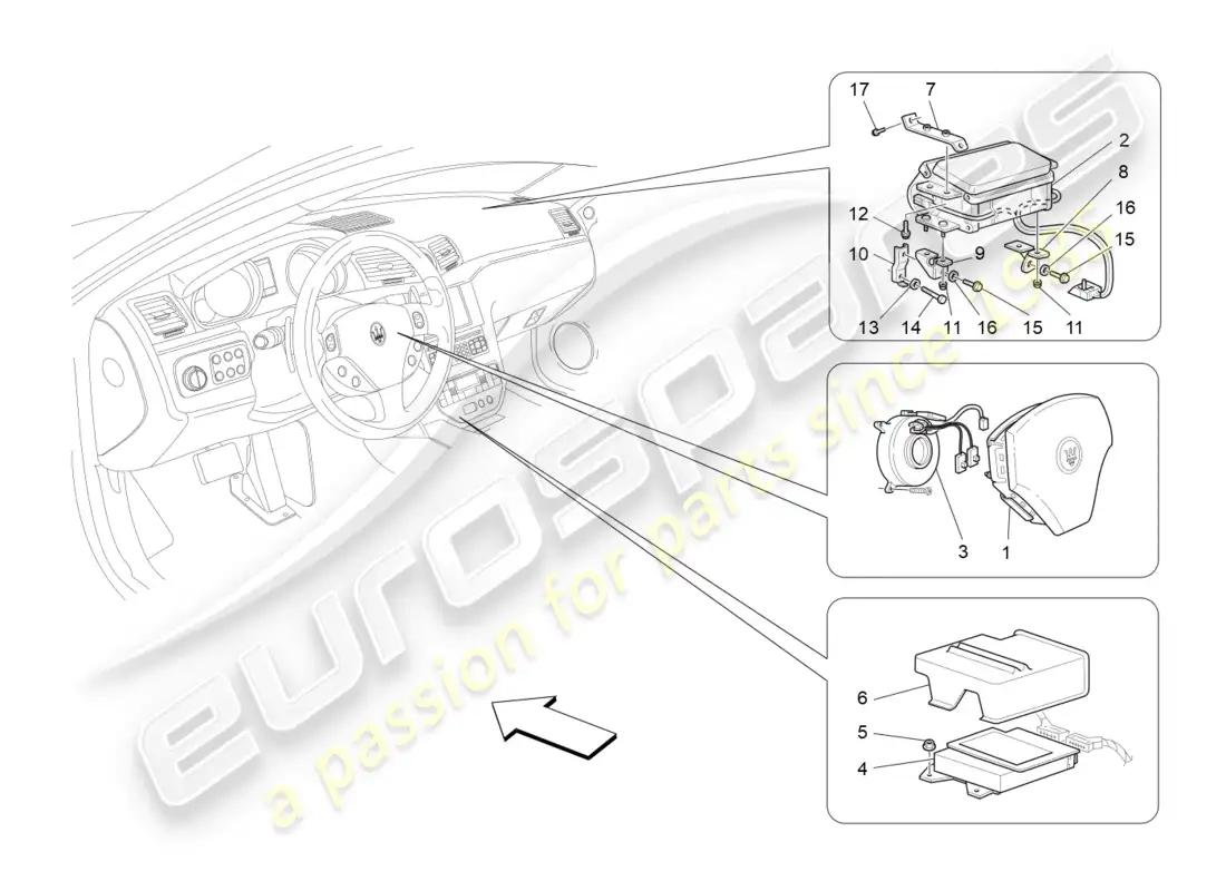 maserati granturismo (2009) front airbag system parts diagram