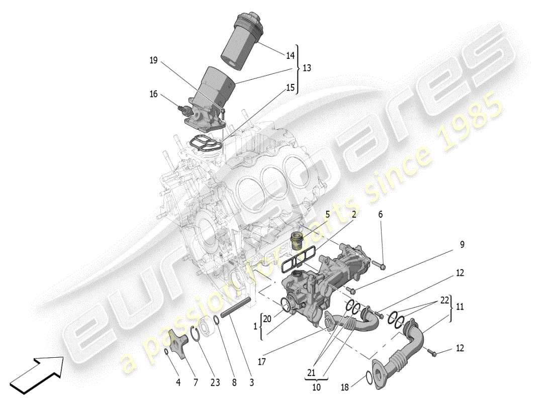maserati mc20 (2024) lubrication system: pump and filter part diagram