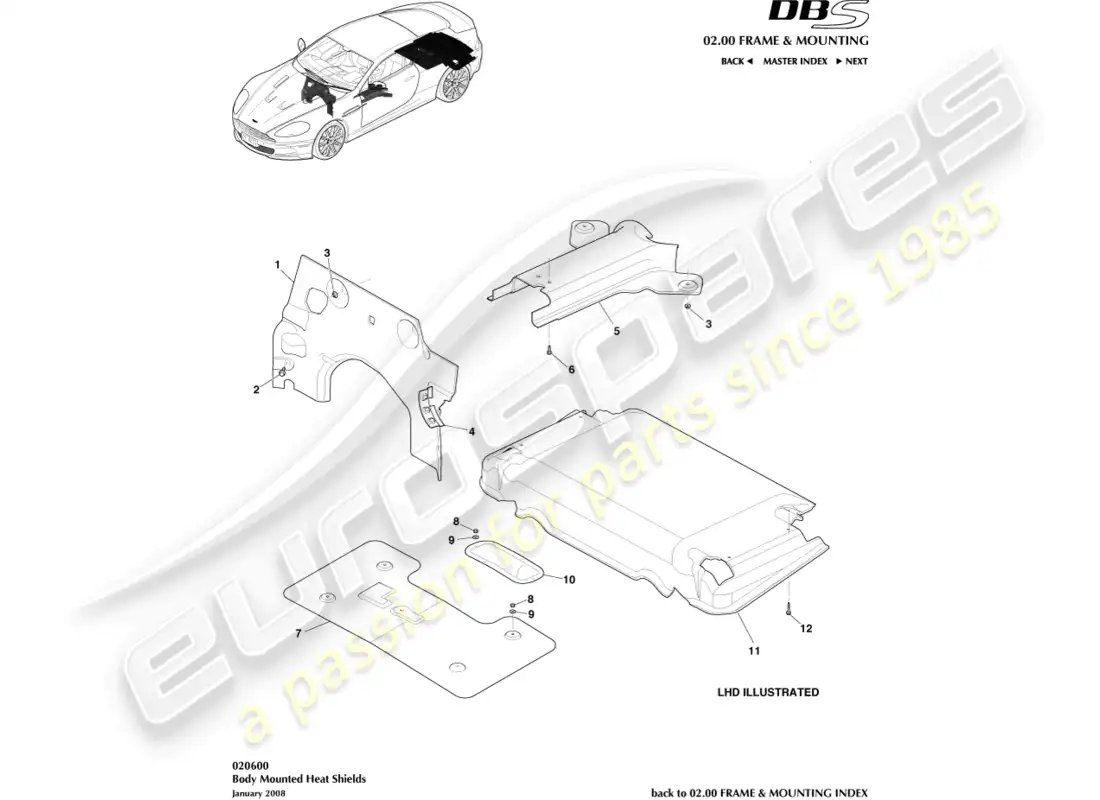 aston martin dbs (2008) splash & heat shields parts diagram