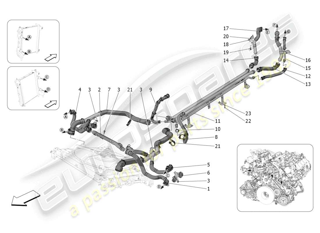 maserati mc20 (2022) cooling system: nourice and lines part diagram