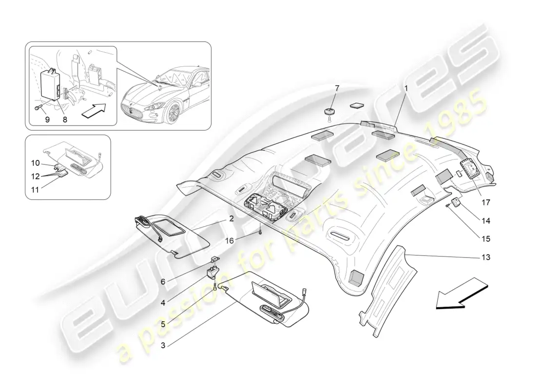 maserati granturismo (2009) roof and sun visors parts diagram