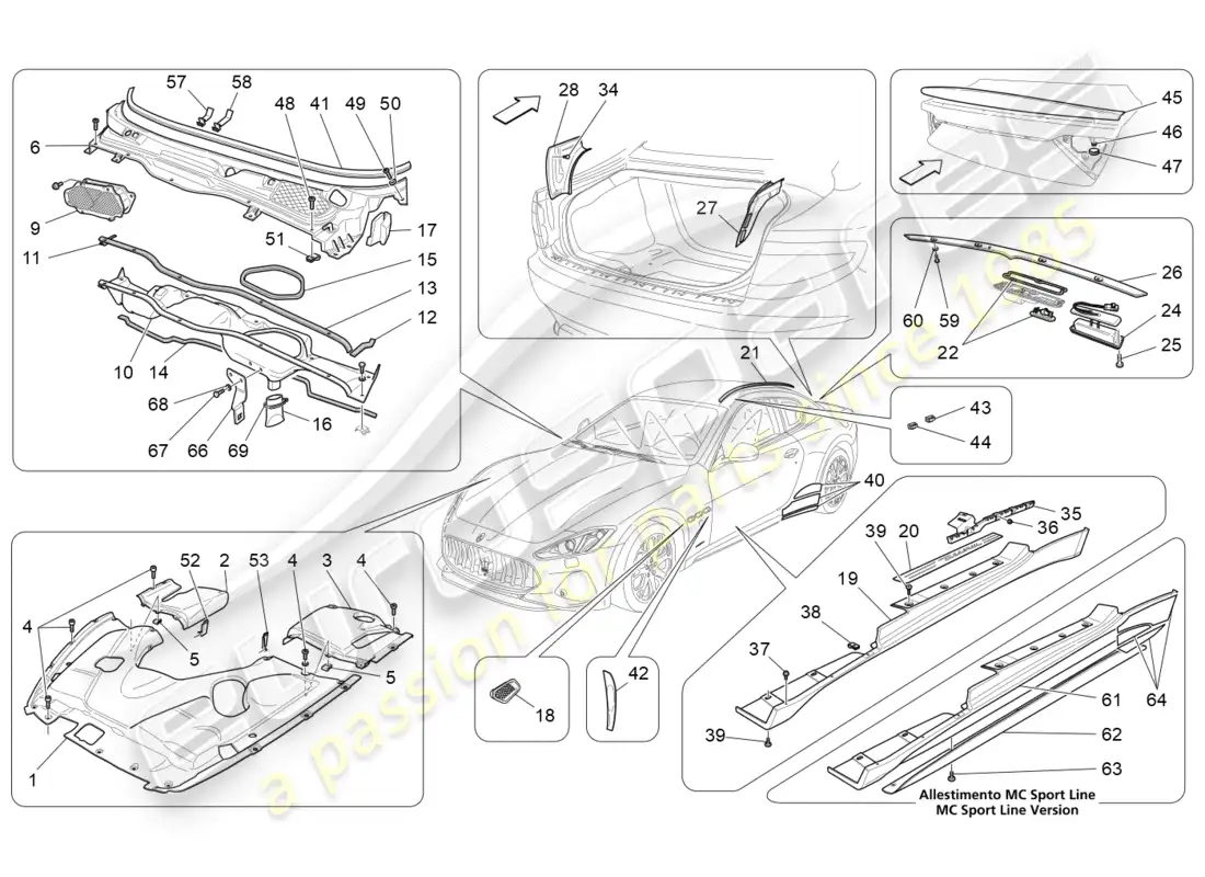 maserati granturismo s (2019) shields, trims and covering panels parts diagram