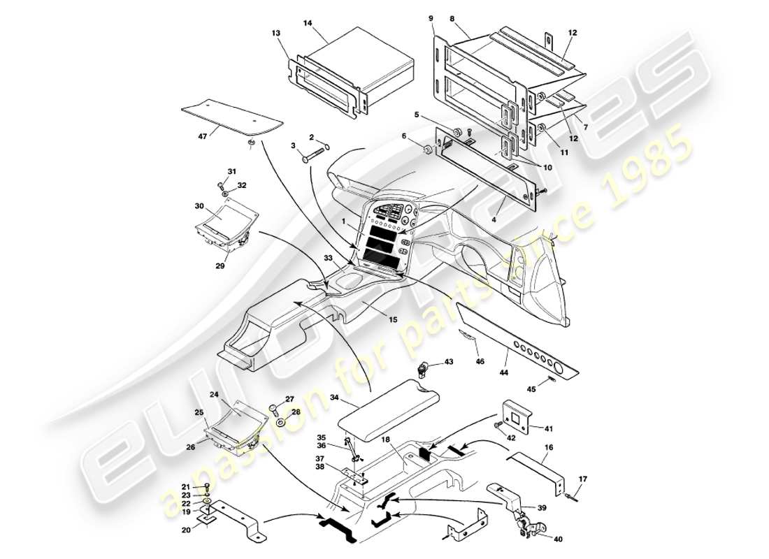 aston martin v8 volante (1999) centre console & trim part diagram