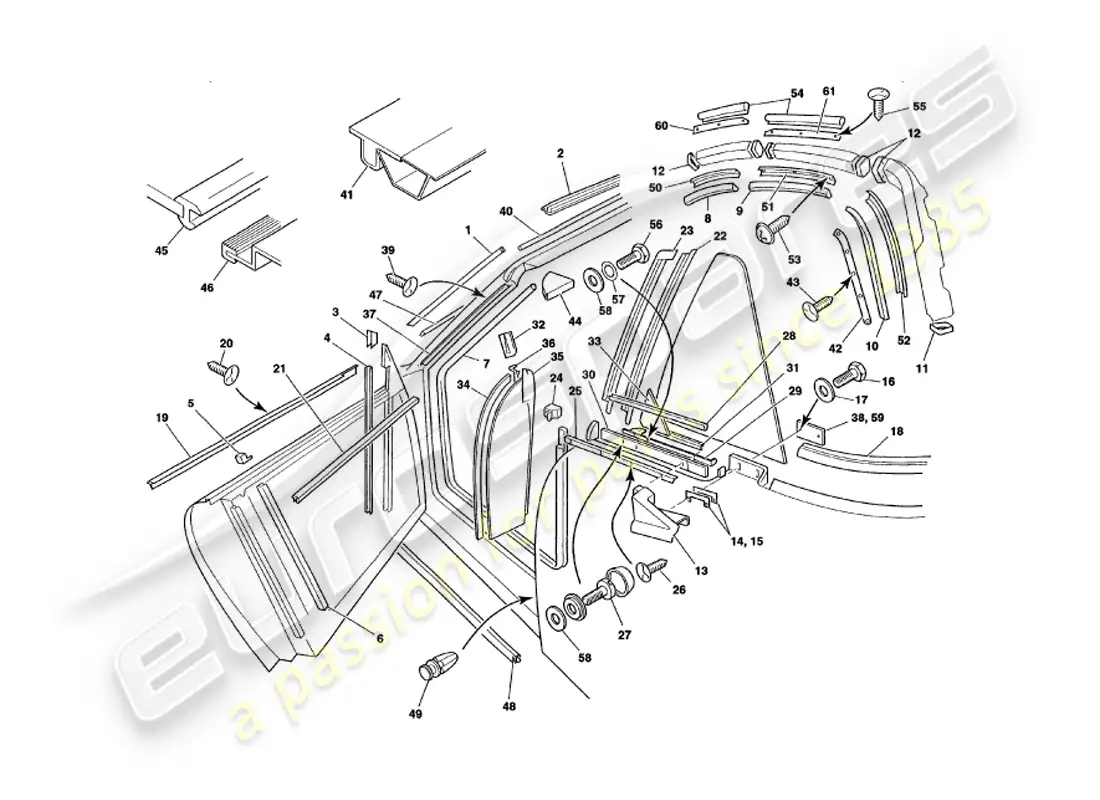 aston martin v8 volante (1997) weather seals parts diagram
