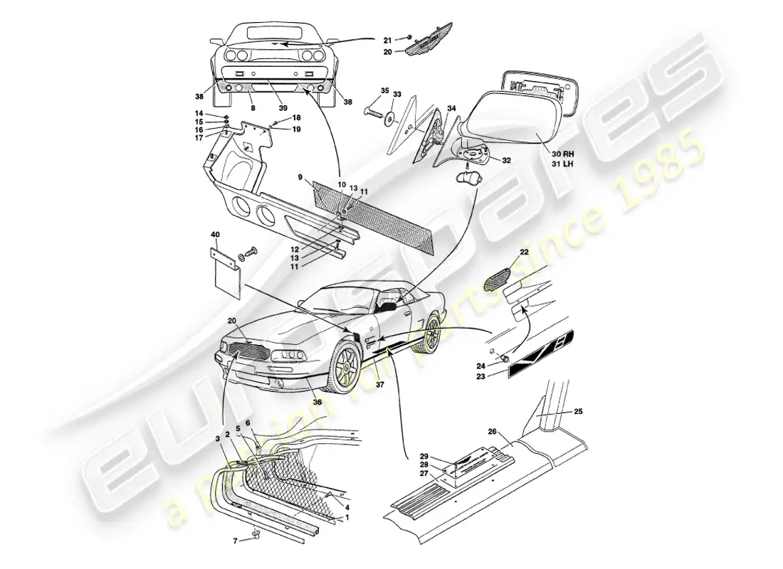 aston martin v8 volante (1997) body fittings parts diagram