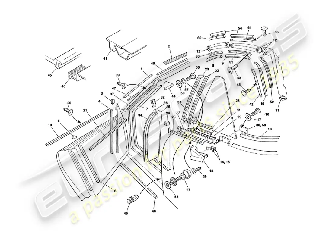 aston martin v8 volante (1998) weather seals parts diagram
